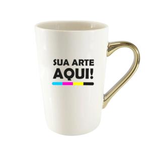 Caneca Cônica Porcelana Alça Ouro 400ml      